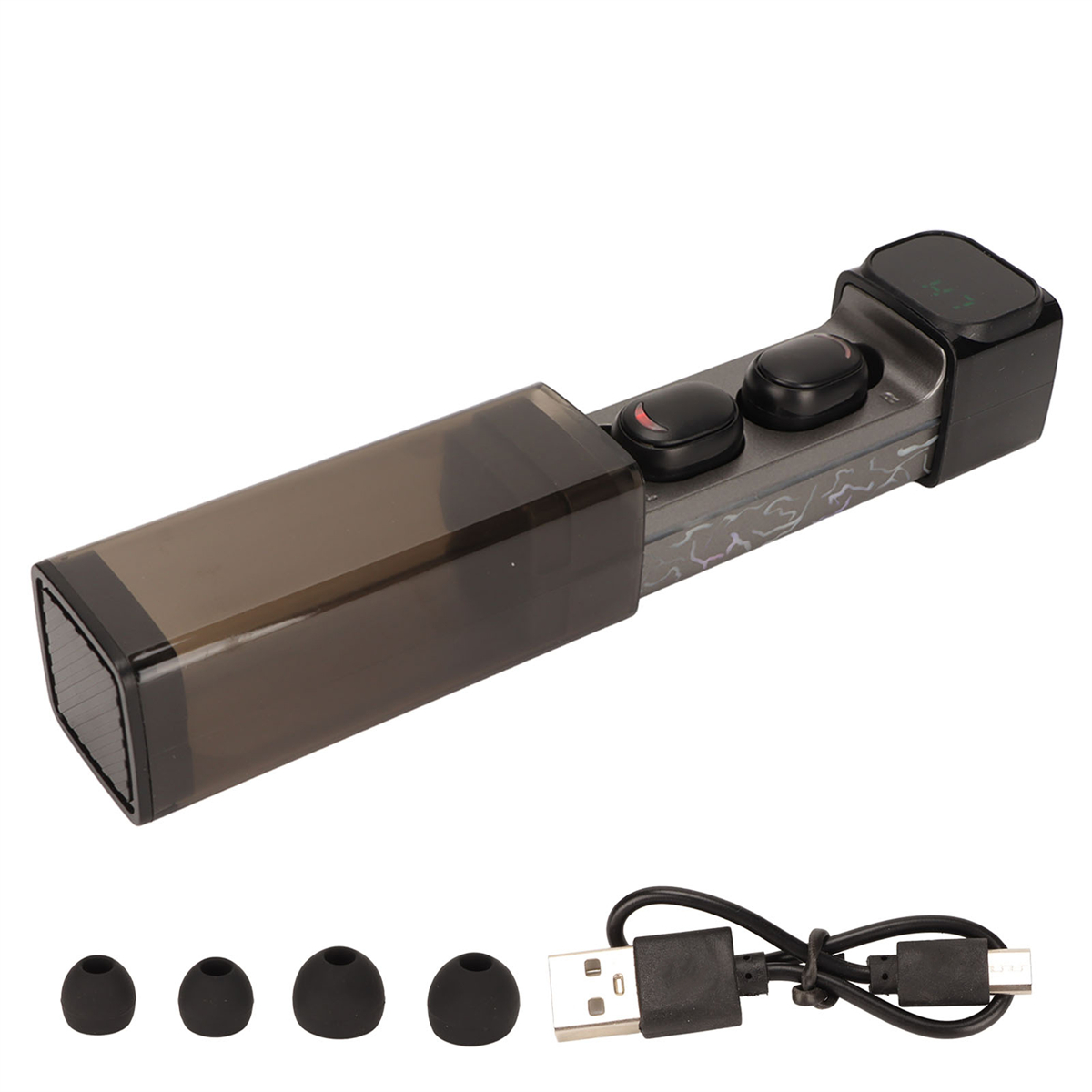 Schwarze kabellose Ohrhörer mit Ladecase, USB-Kabel und zusätzlichen Ohrstöpseln auf Weiß.