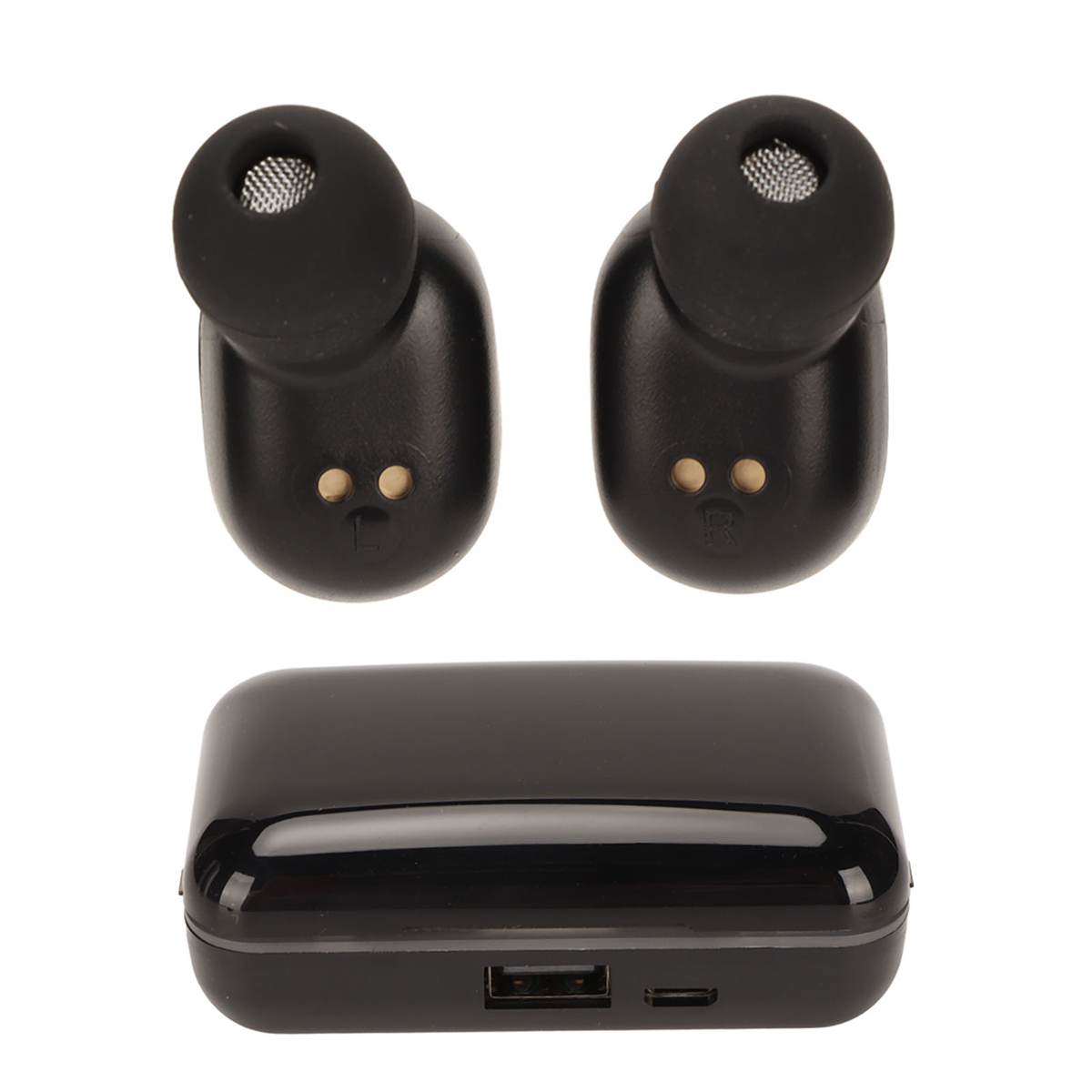 Schwarze kabellose Ohrhörer und Ladecase. Das Case hat einen USB-Anschluss.