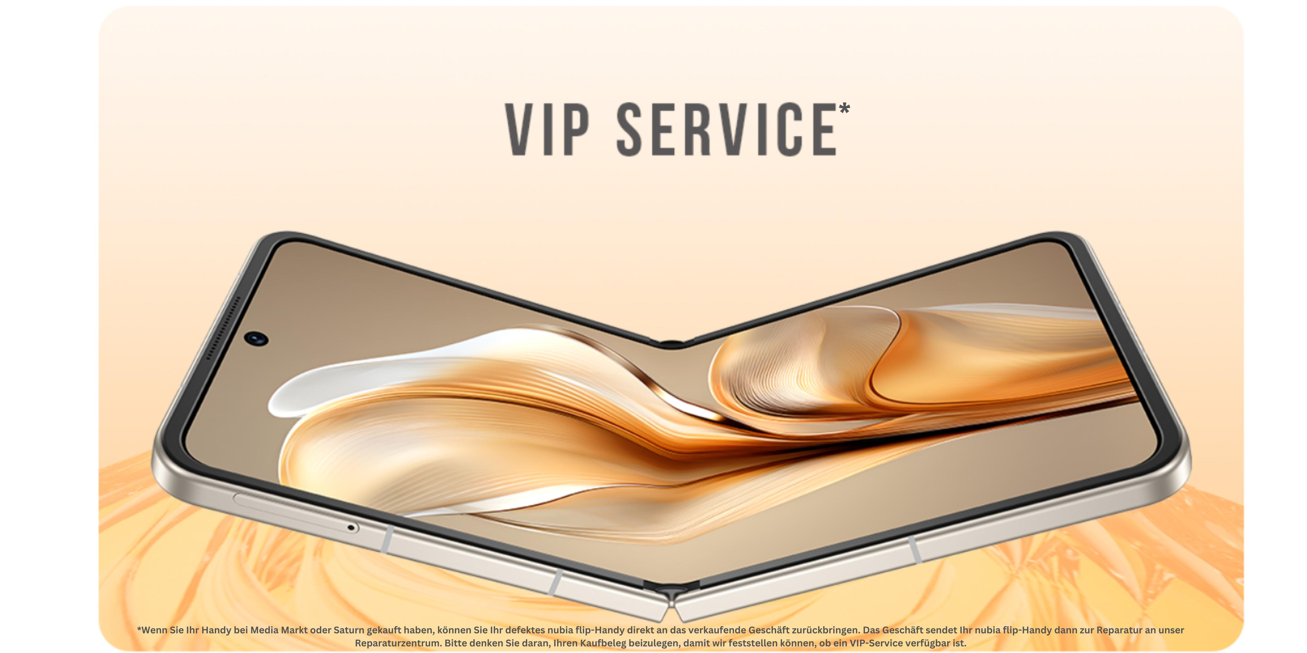 Składany telefon ze złotym wnętrzem. Telefon jest częściowo otwarty. Tekst: 'VIP SERVICE'.