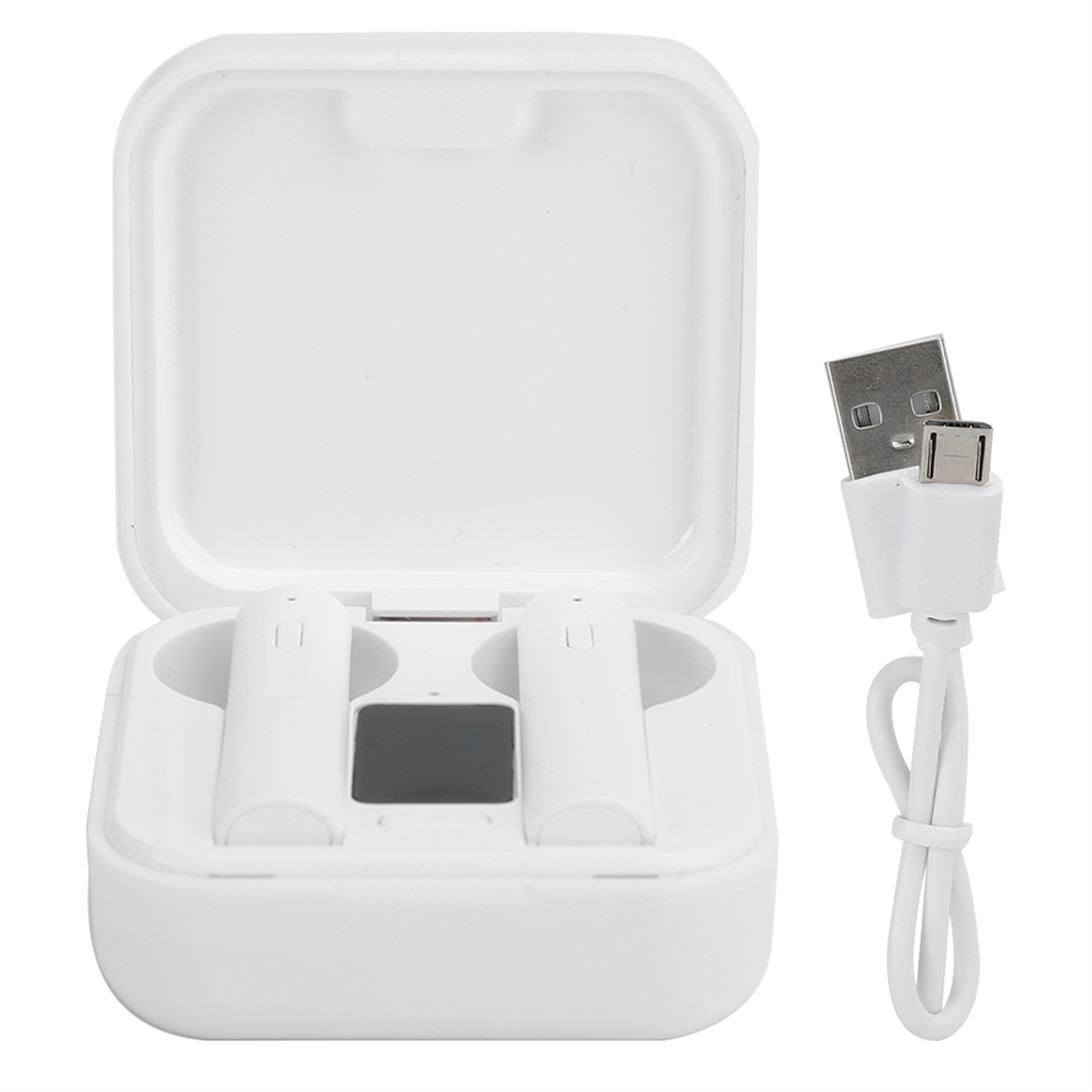 Weiße Ohrhörer in einem Ladeetui mit einem USB-Ladekabel.