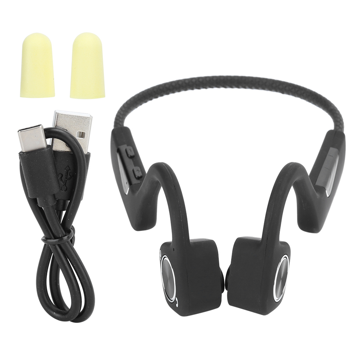 Schwarze Knochenschallkopfhörer mit Ladekabel und zwei gelben Ohrstöpseln.