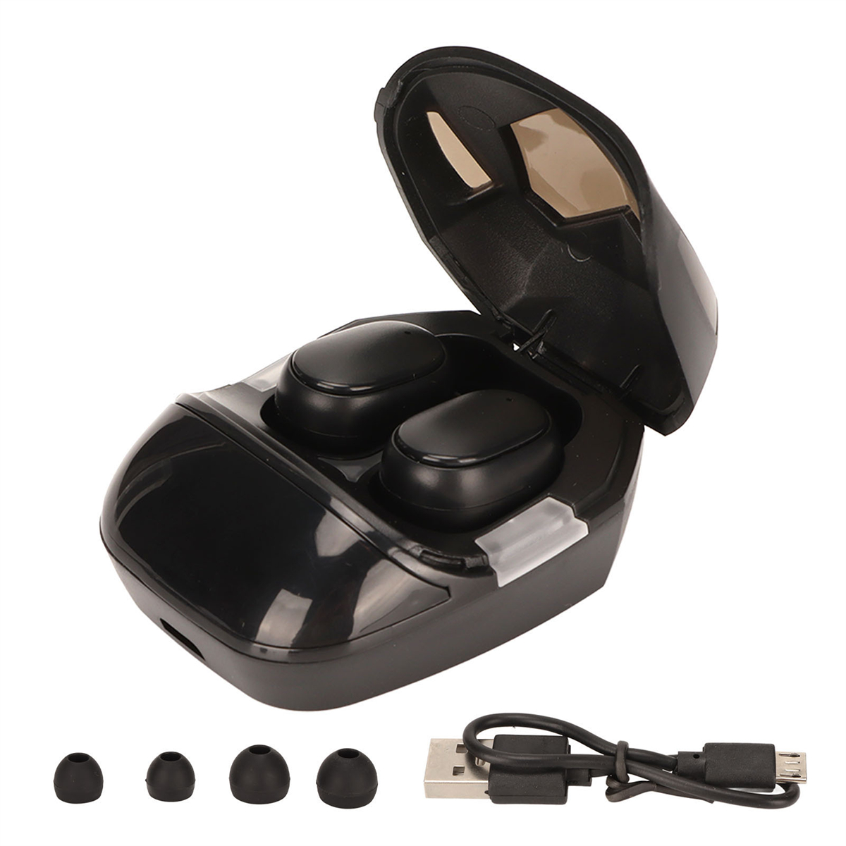 Ein schwarzes Ladecase hält zwei schwarze kabellose Ohrhörer, mit zusätzlichen Ohrstöpseln und USB.