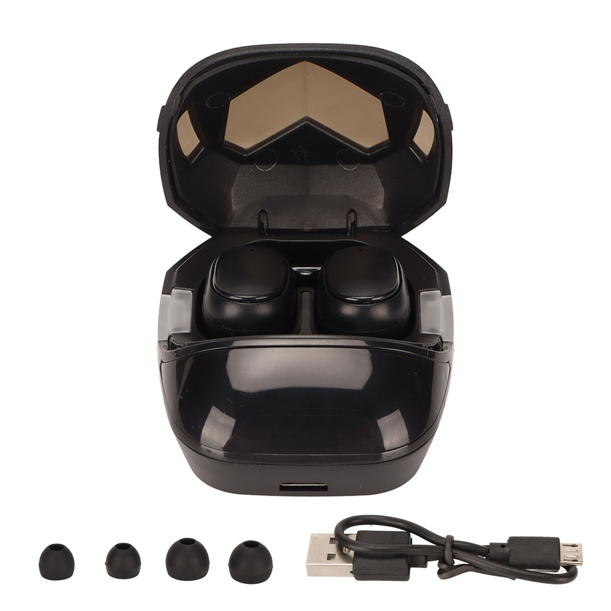 Schwarze Ohrhörer in offener Ladebox. Zusätzliche Ohrstöpsel und ein USB-Kabel unten.