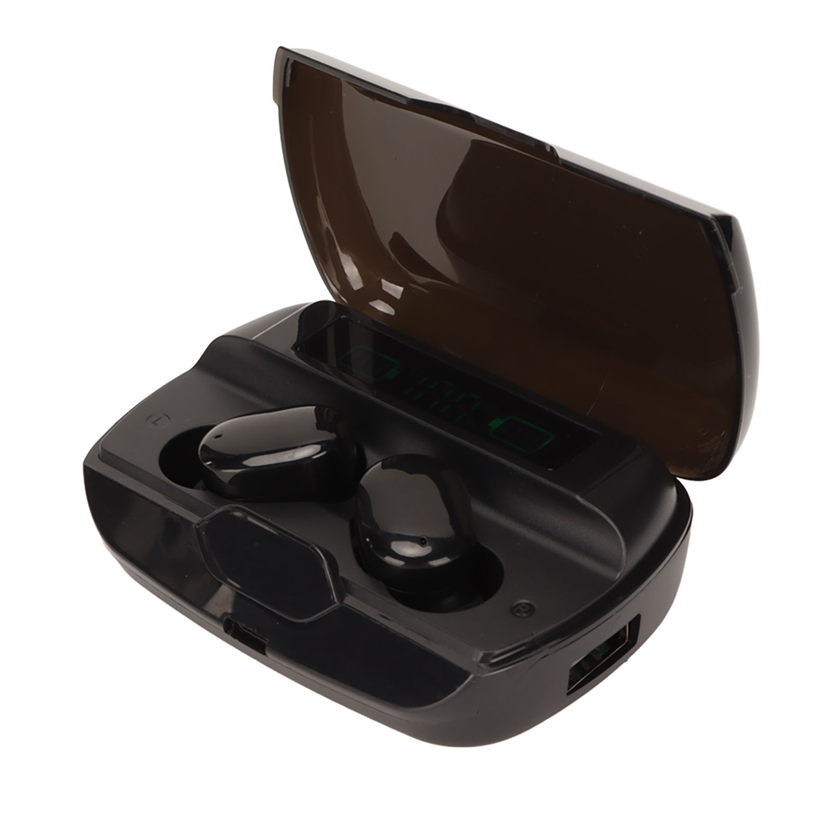 Schwarzes Ladeetui für Ohrhörer, geöffnet mit zwei schwarzen Ohrhörern und einer Digitalanzeige. Die Hülle hat einen USB-Anschluss.