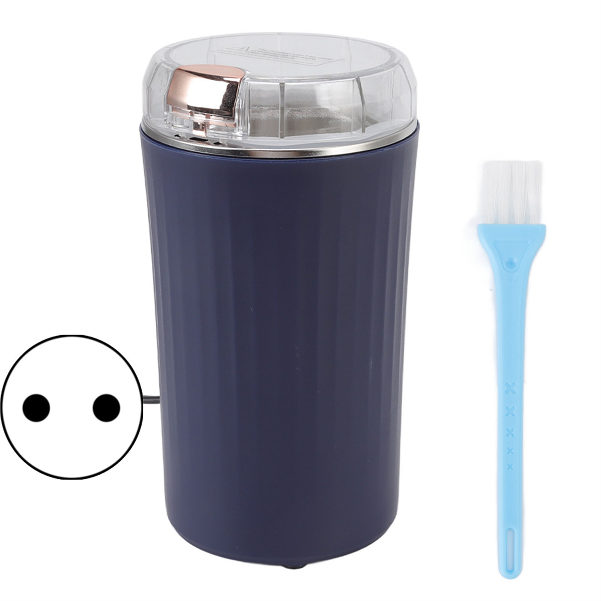 Blau-silberner Kaffeemühle mit Bürste und Stecker. Weißer Hintergrund.
