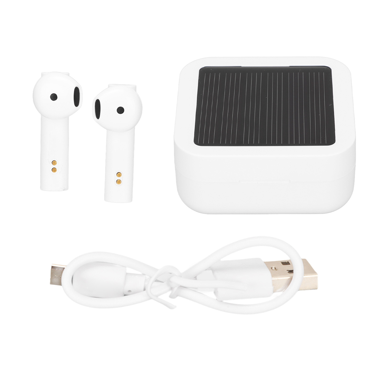 Weiße kabellose Ohrhörer mit Ladecase und USB-Ladekabel.