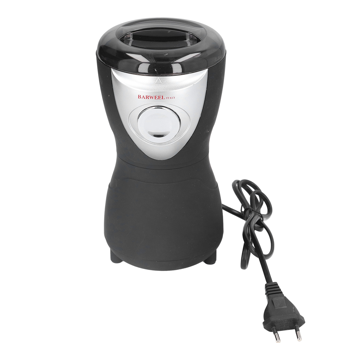 Eine schwarze Kaffeemühle mit silbernem Deckel und einem schwarzen Netzkabel, das an einen Stecker angeschlossen ist.