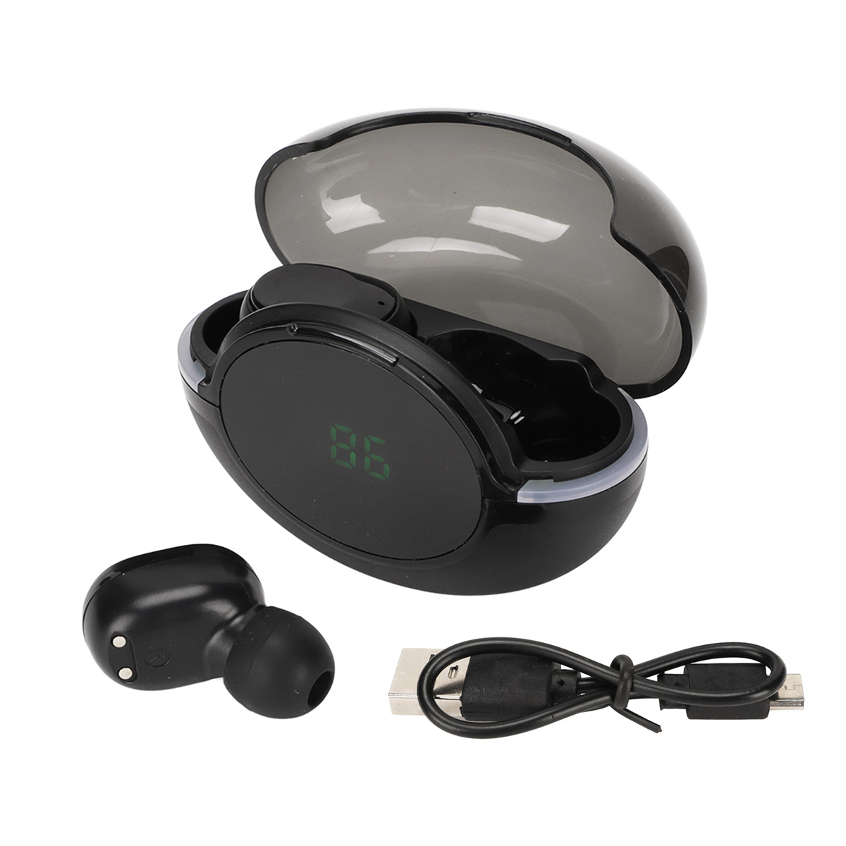 Schwarze Ohrhörer in einem Ladeetui mit digitaler Anzeige. Ein Ladekabel ist ebenfalls vorhanden.