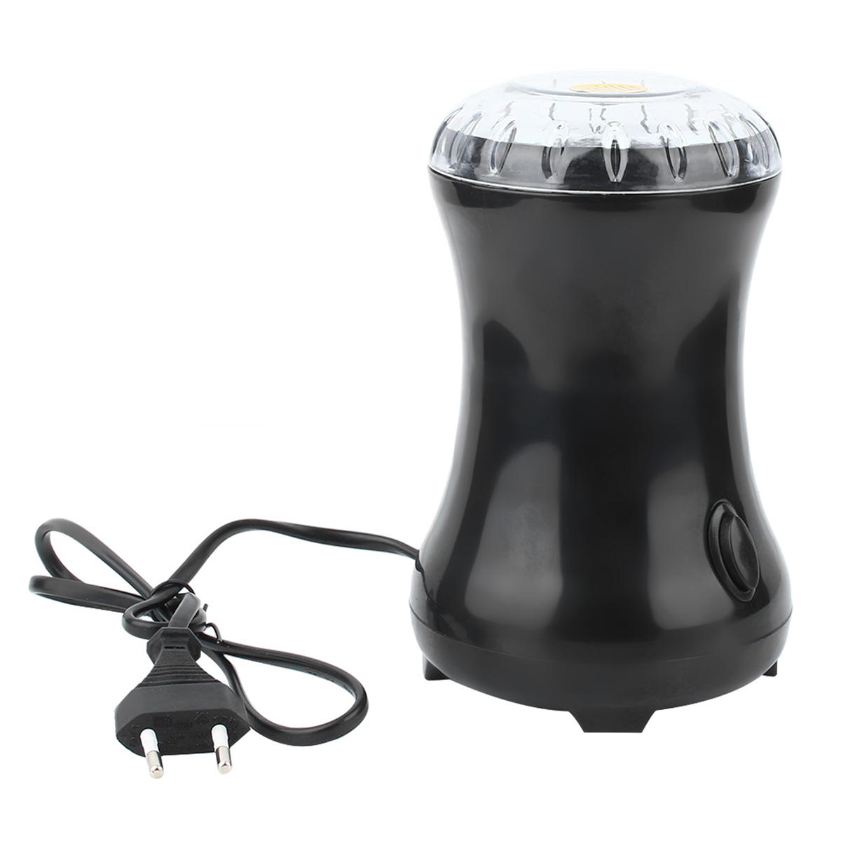 Schwarze Kaffeemühle auf Weiß, mit transparentem Deckel und schwarzem Netzkabel.