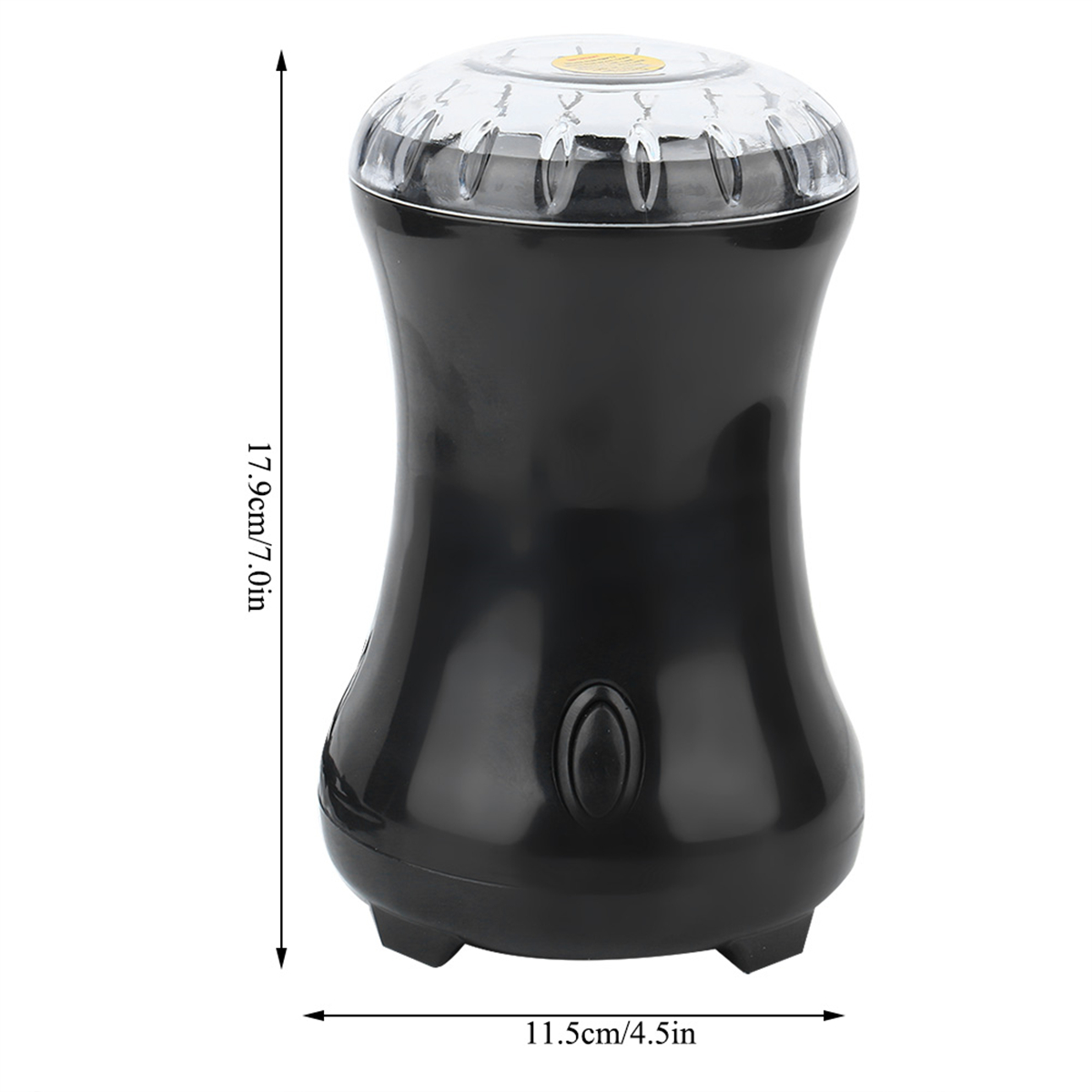 Schwarze Kaffeemühle mit durchsichtigem Deckel, Abmessungen gezeigt. Weißer Hintergrund.