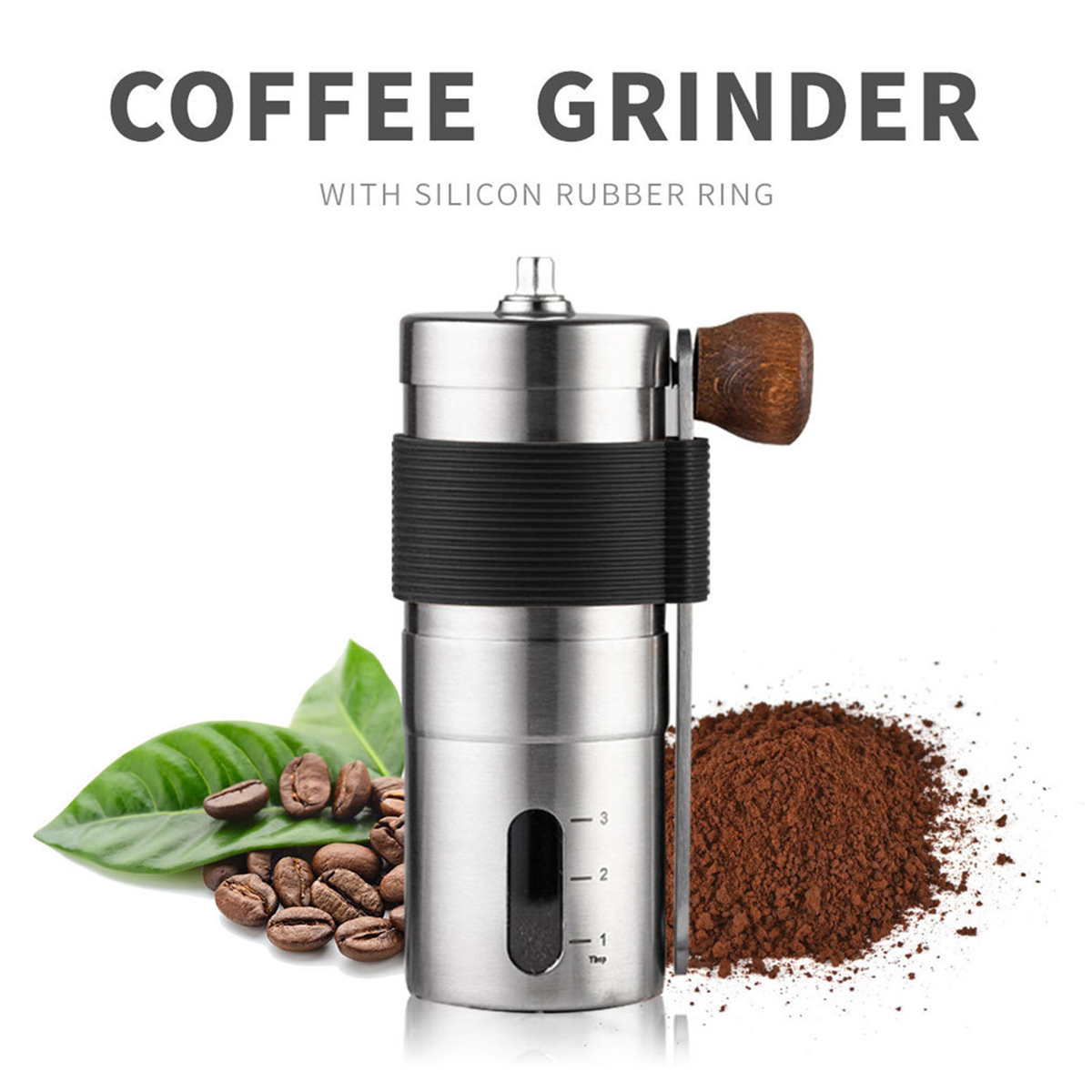 Eine Kaffeemühle mit Holzgriff, Kaffeepulver, Kaffeebohnen und einem Blatt auf weißem Hintergrund.