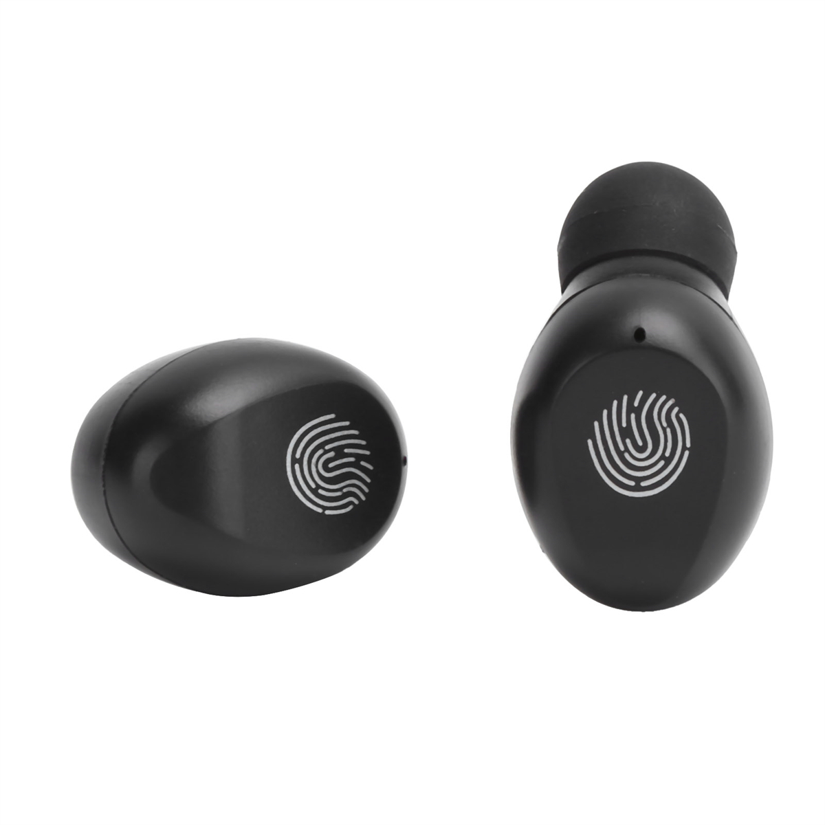 Zwei schwarze, ovale Ohrhörer mit Fingerabdruck-Touch-Bedienelementen.