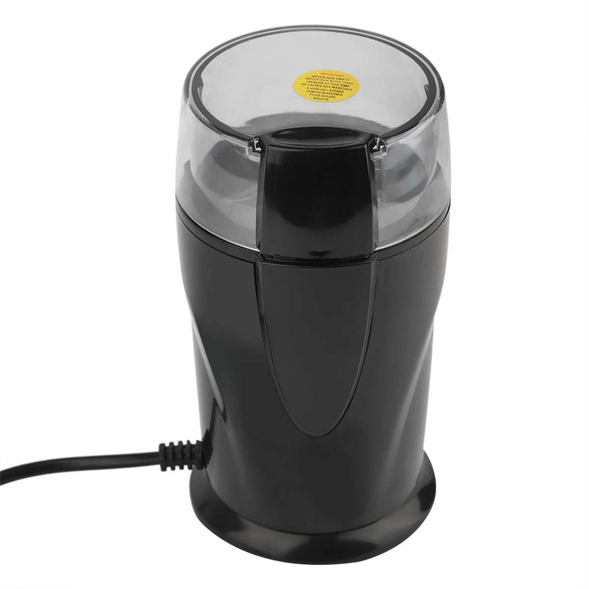 Eine schwarze elektrische Gewürzmühle mit transparentem Deckel und schwarzem Netzkabel.