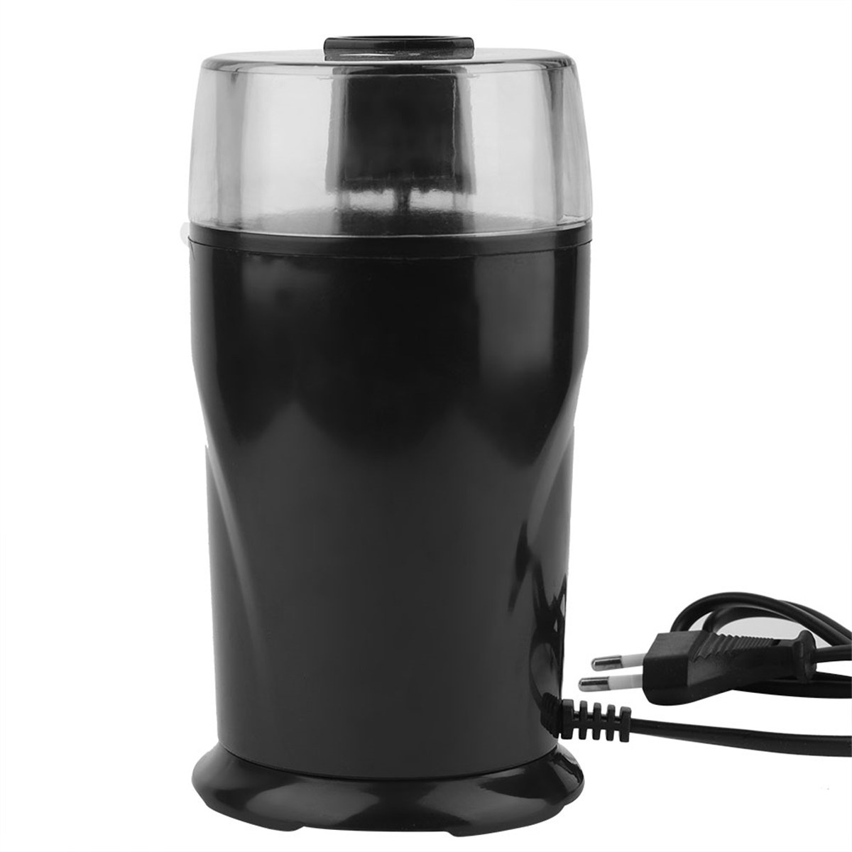 Schwarze Kaffeemühle mit transparentem Deckel, Netzkabel und Stecker auf weißer Oberfläche.