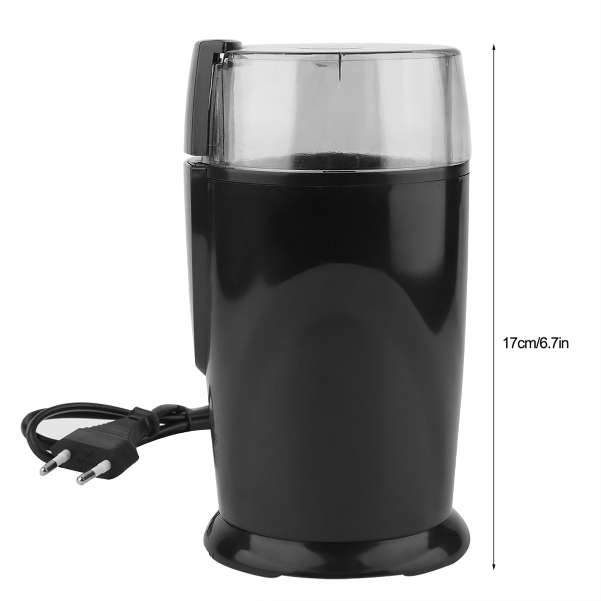 Schwarze Kaffeemühle mit durchsichtigem Deckel und Netzkabel. Die Mühle steht auf weißem Grund.