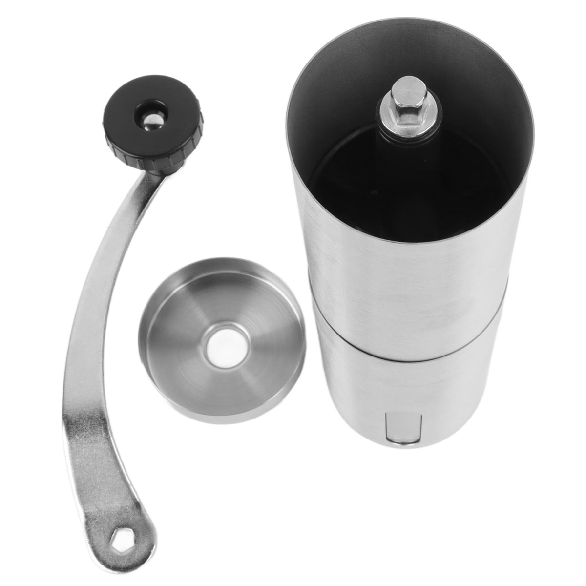 Zerlegte Kaffeemühlenkomponenten: Griff, Deckel und Hauptteil.