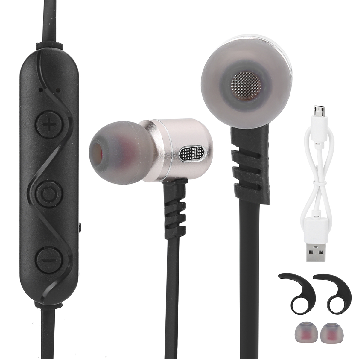 Kopfhörer mit schwarzer Steuereinheit und silbernem Ohrhörer. USB-Kabel und zusätzliche Spitzen.