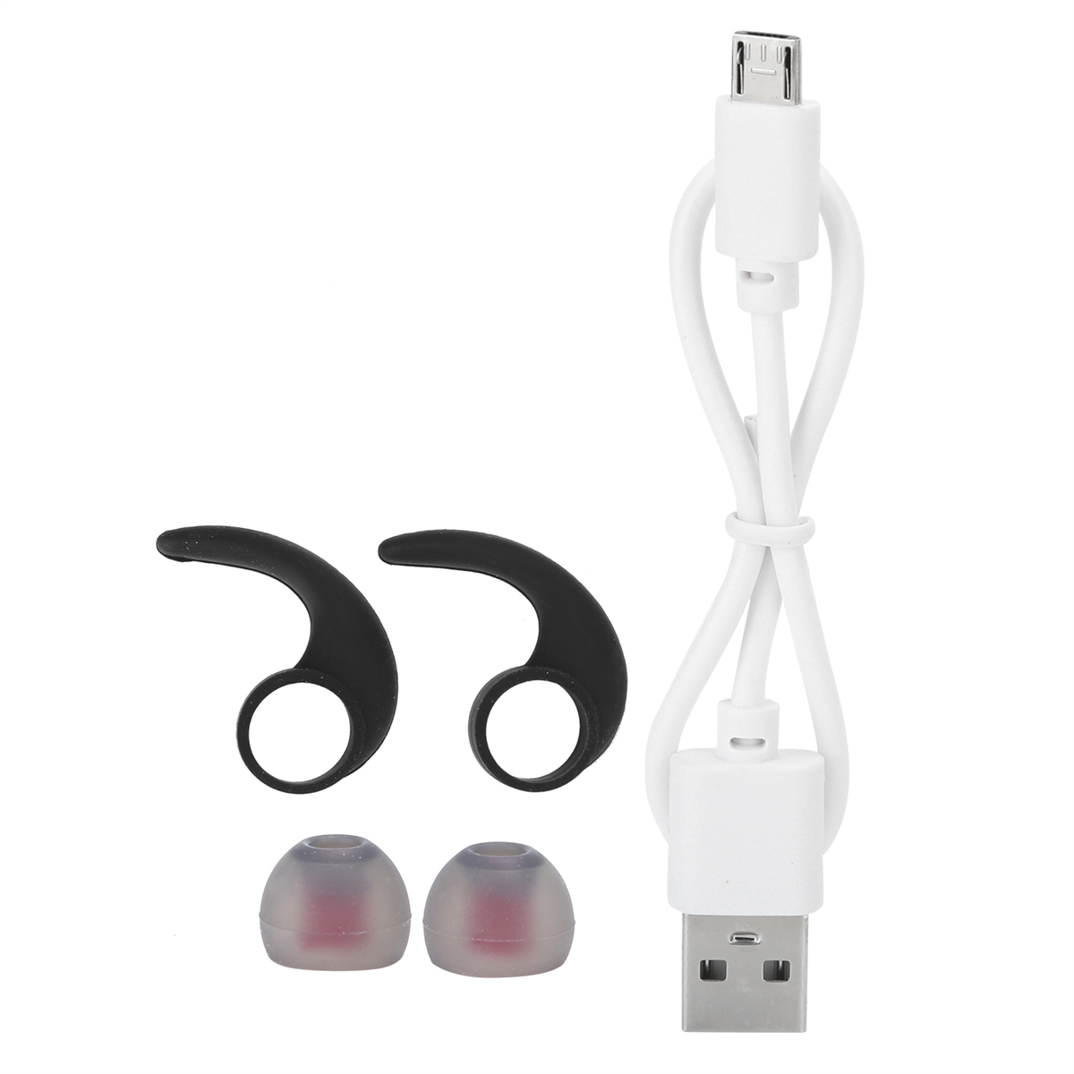 Ohrhörer, Ohrhaken und ein weißes USB-Kabel mit Anschluss.