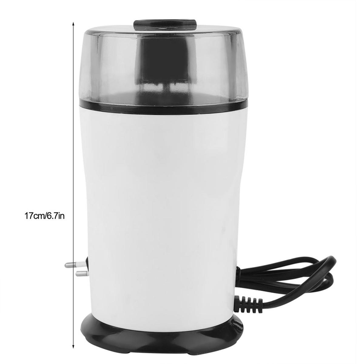 Elektrische Kaffeemühle in Weiß und Schwarz. Misst 17 cm/6,7 Zoll Höhe.