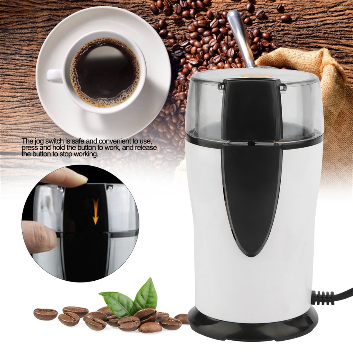 Weiße Kaffeemühle mit schwarzen Akzenten, Kaffeebohnen und Kaffeetasse. Weißer Hintergrund.