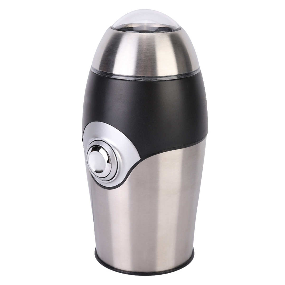 Eine schwarze und stählerne elektrische Kaffeemühle mit transparentem Deckel.