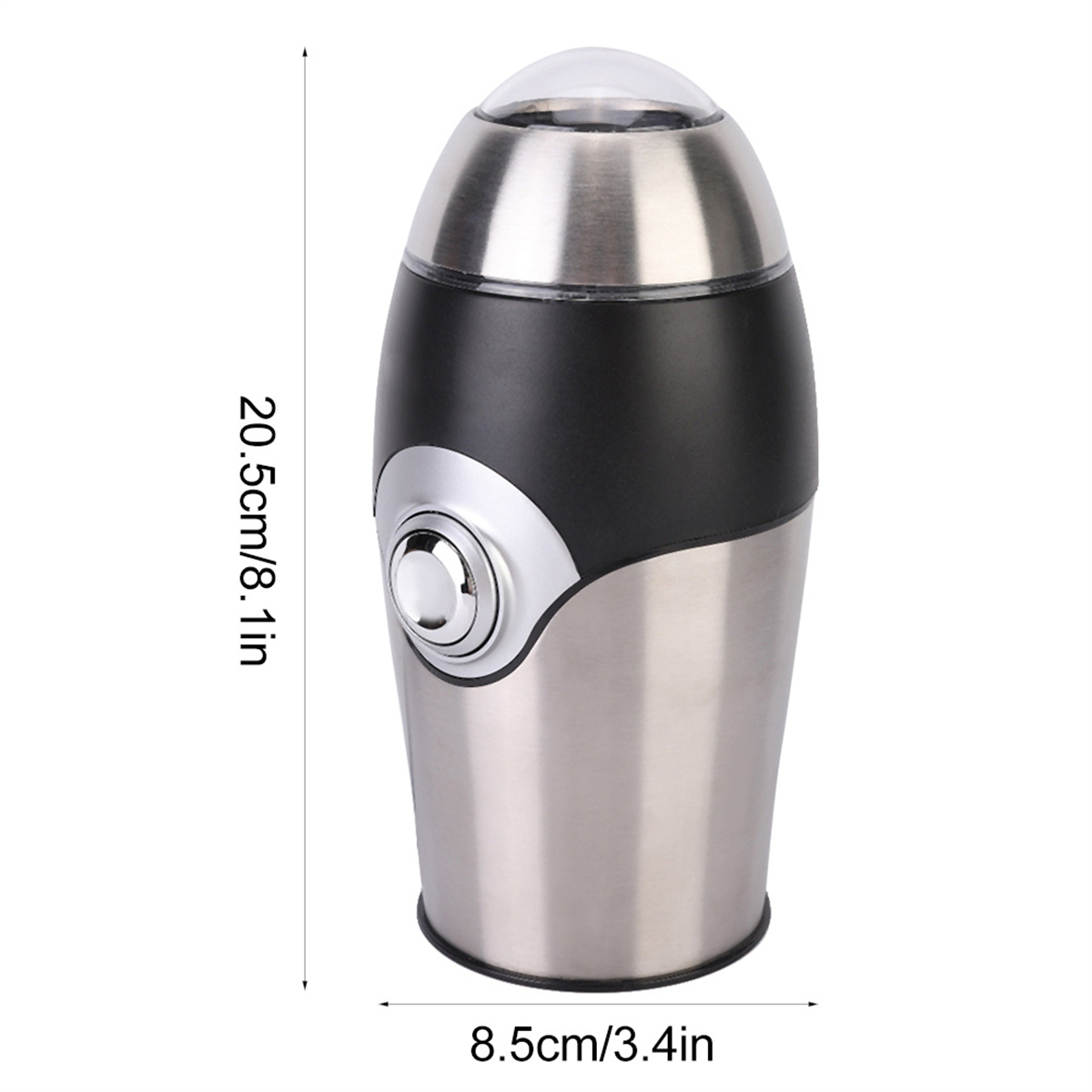 Elektrische Kaffeemühle, silber und schwarz. Zeigt Abmessungen und einen Knopf. Isoliert auf Weiß.