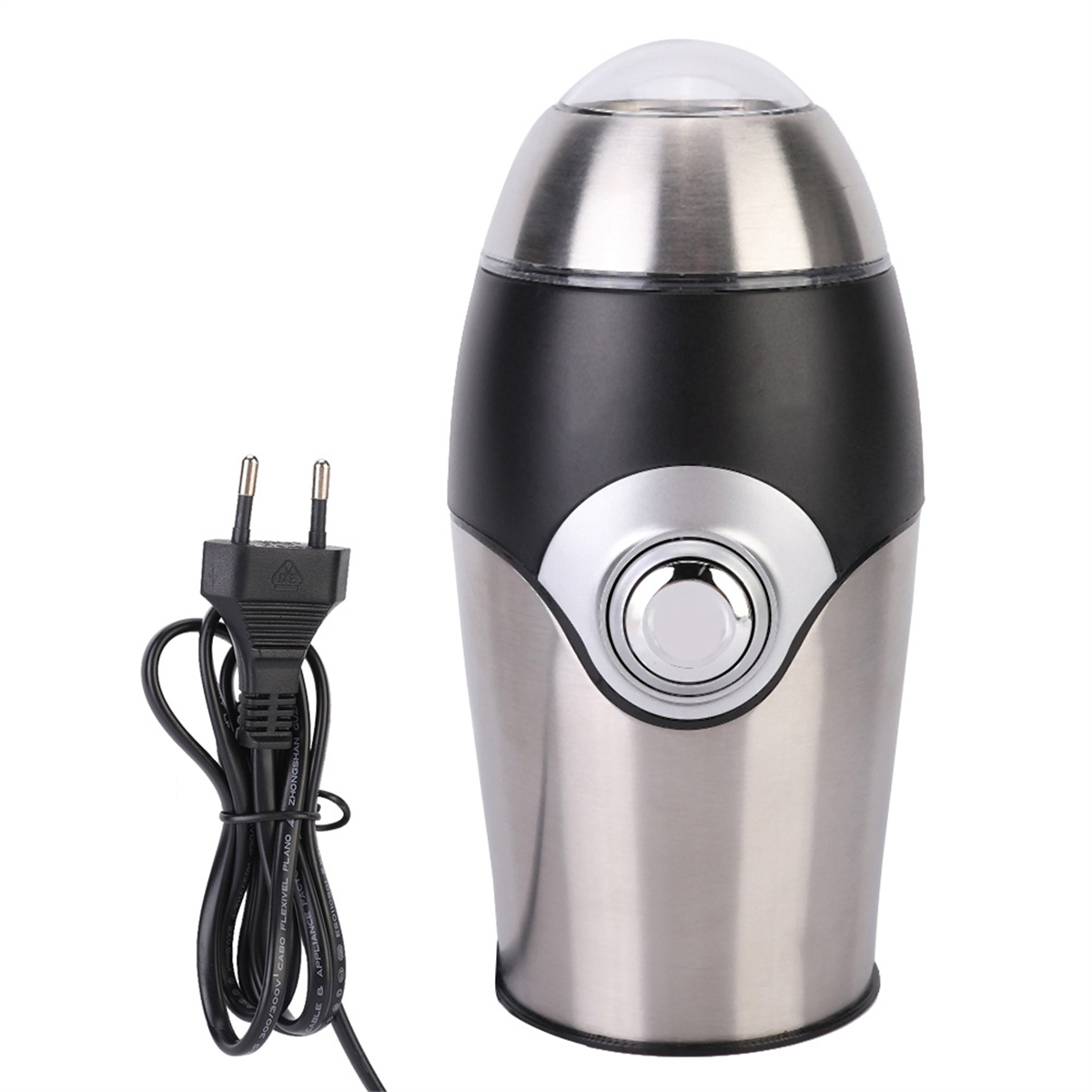 Kaffeemühle mit schwarzem und silbernem Design auf weißem Hintergrund.