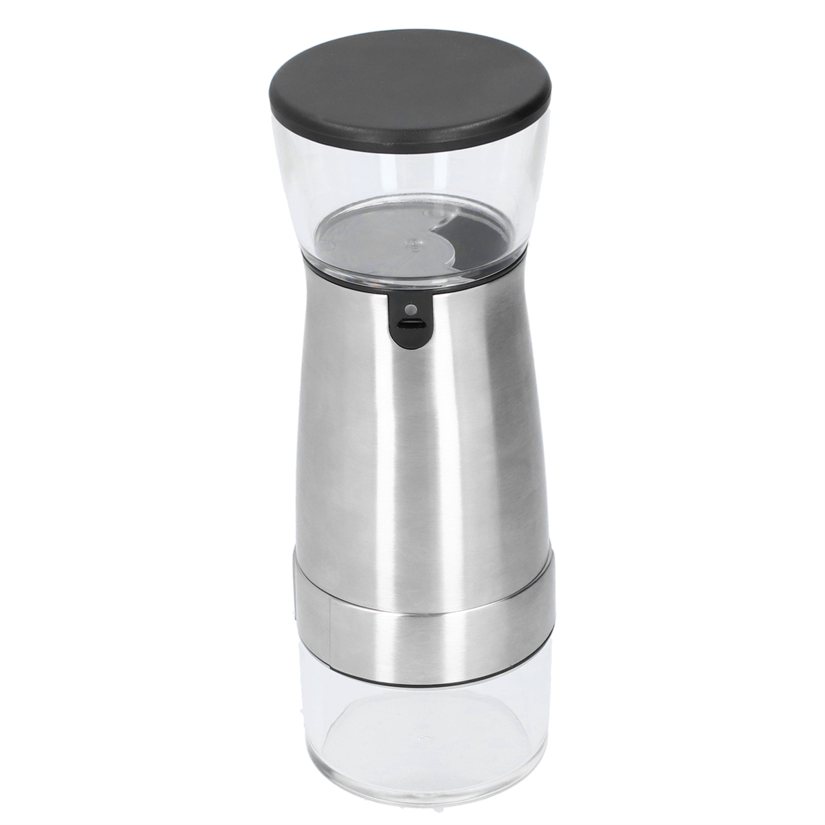 Elektrische Edelstahl-Kaffeemühle mit transparentem Behälter und schwarzem Deckel.