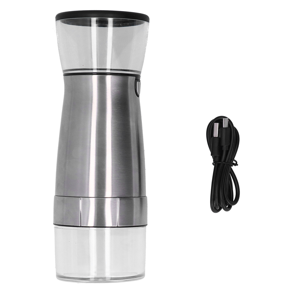 Edelstahl-Grinder mit transparenten Abschnitten. Ein schwarzes Ladekabel daneben.