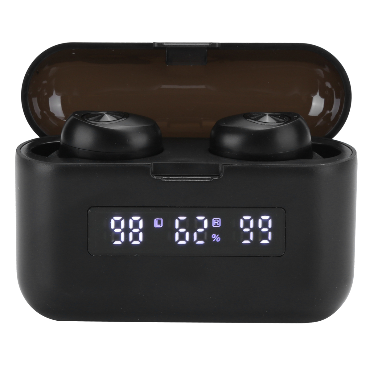 Schwarze kabellose Ohrhörer in einem schwarzen Ladecase. Das Case zeigt Batterieprozente an.