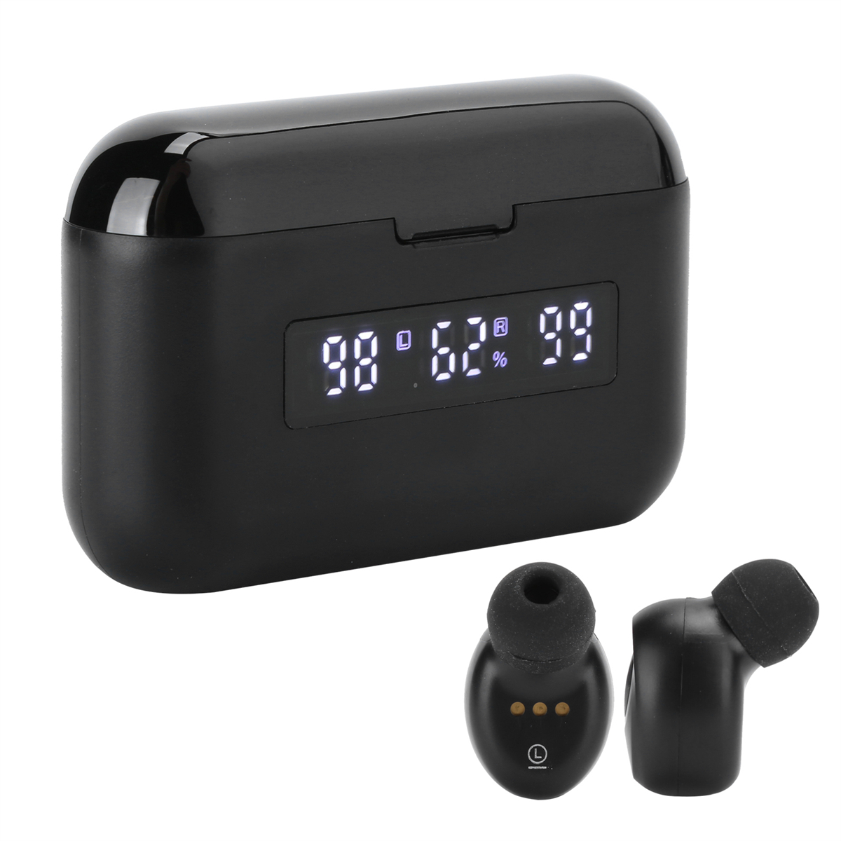 Schwarzes Ladecase und zwei Ohrhörer. Das Display zeigt Temperatur und Batterieprozentsatz. Weißer Hintergrund.
