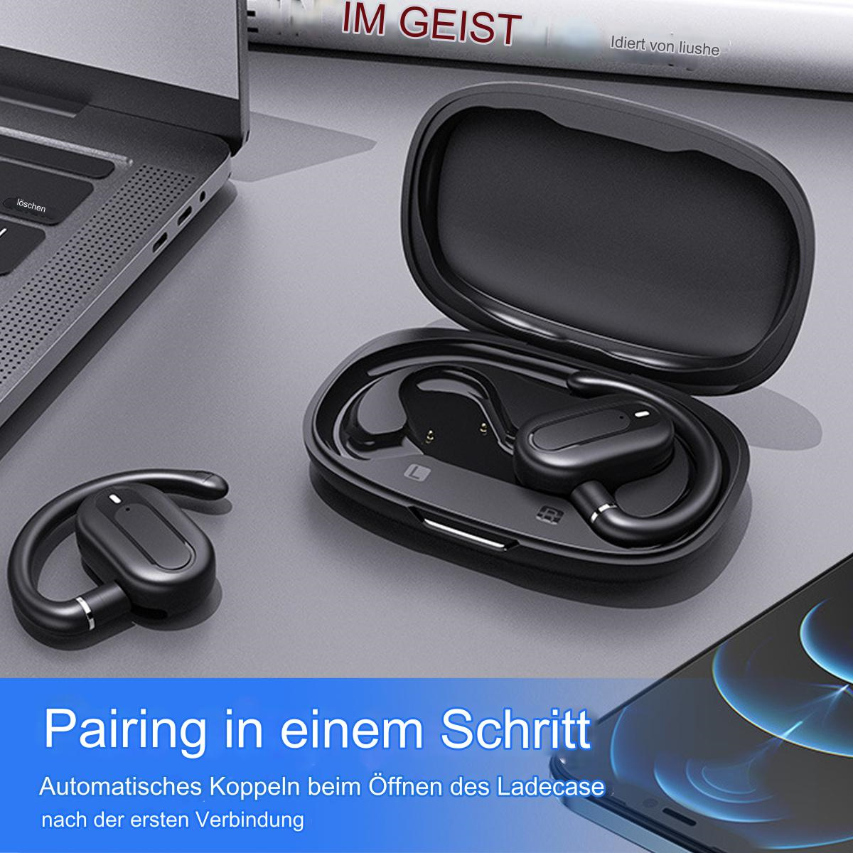 Schwarze kabellose Ohrhörer in einem Ladecase und einem Telefon. Text: Kopplung in einem Schritt.