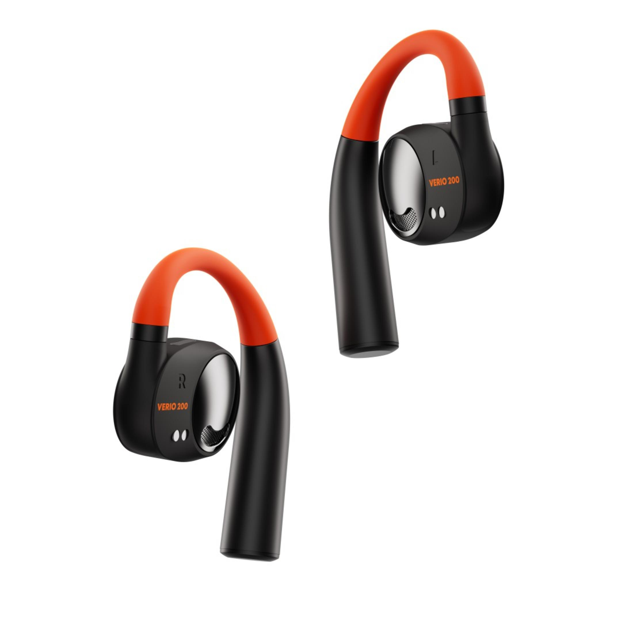 Dos auriculares Verio 200 negros y naranjas. Están mirando en diferentes direcciones.