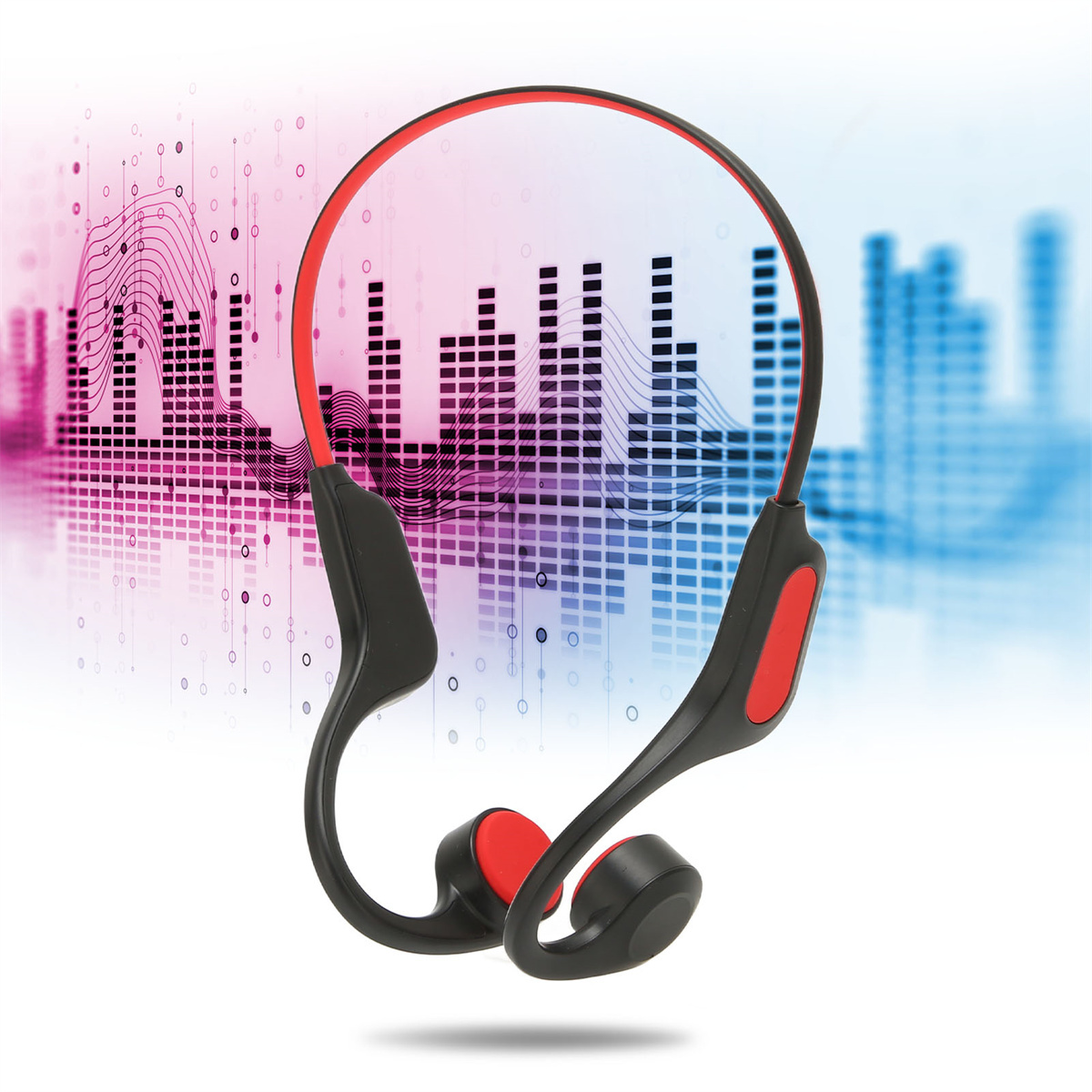Schwarze und rote Sportkopfhörer mit Soundwellen-Grafik im Hintergrund. Die Kopfhörer haben ein Nackenband.
