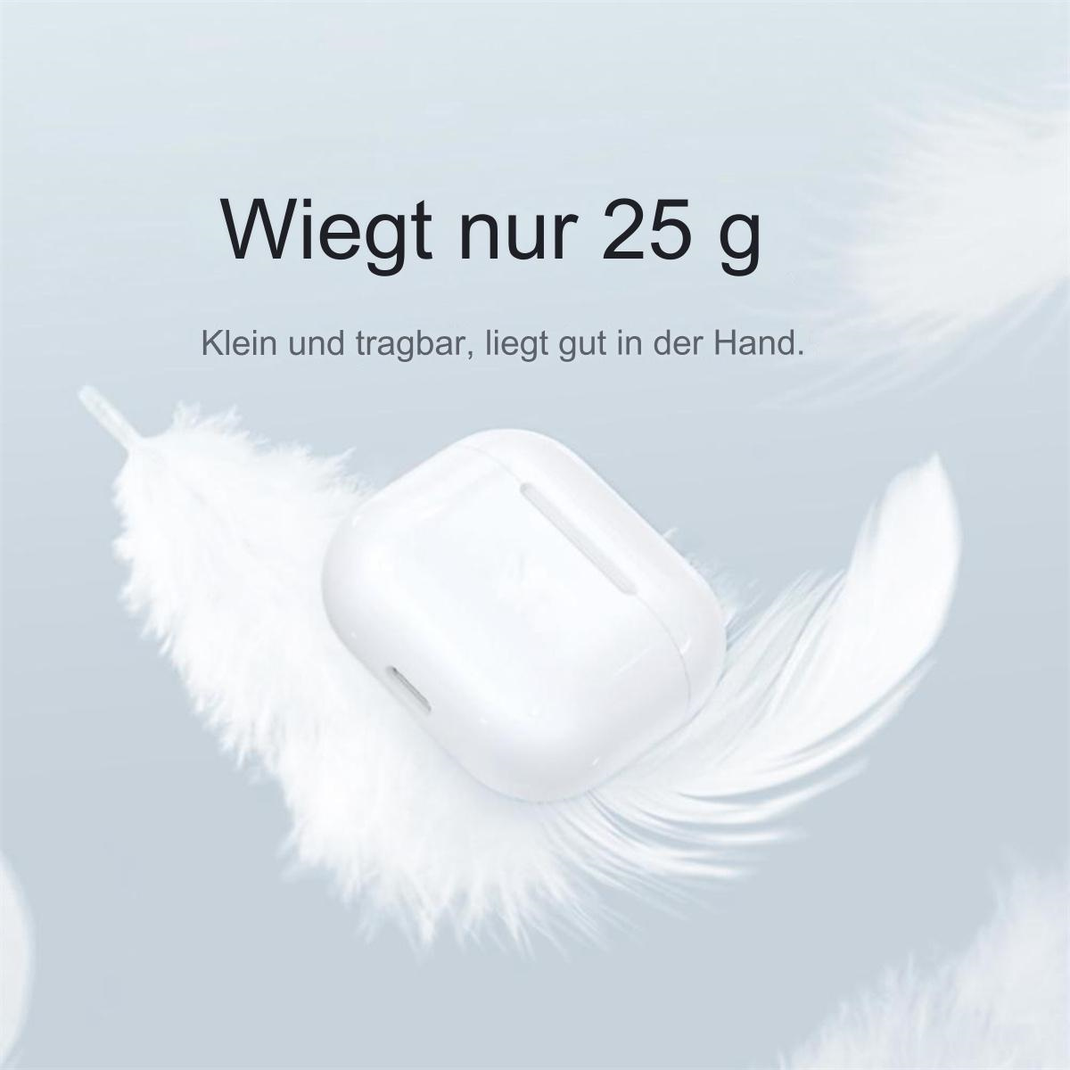 Ein weißes Ladecase mit Text 'Wiegt nur 25 g' und einer Feder.
