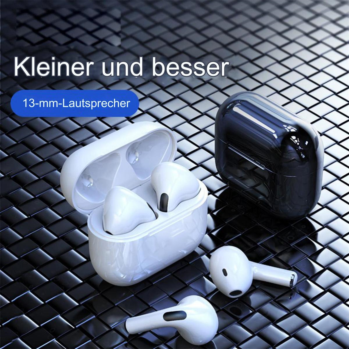 Weiße Ohrhörer in einem Ladeetui, plus ein zusätzliches schwarzes Etui und zwei einzelne Ohrhörer.