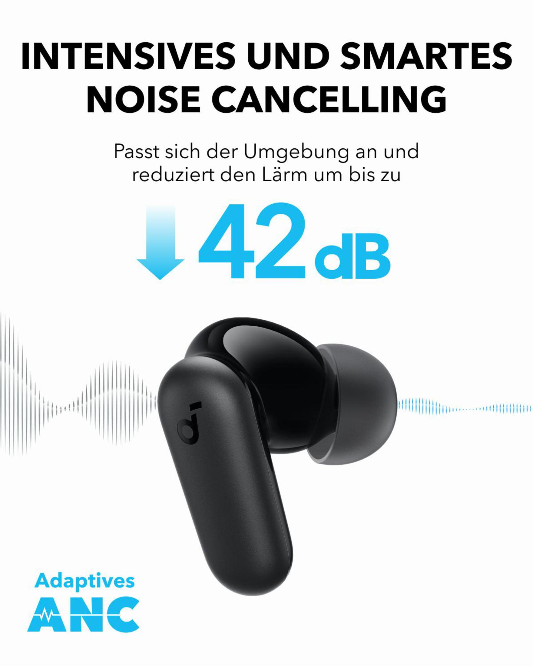 Schwarze kabellose Ohrhörer mit Geräuschunterdrückung und einer Reduzierung des Geräuschpegels um 42 dB. Weißer Hintergrund.