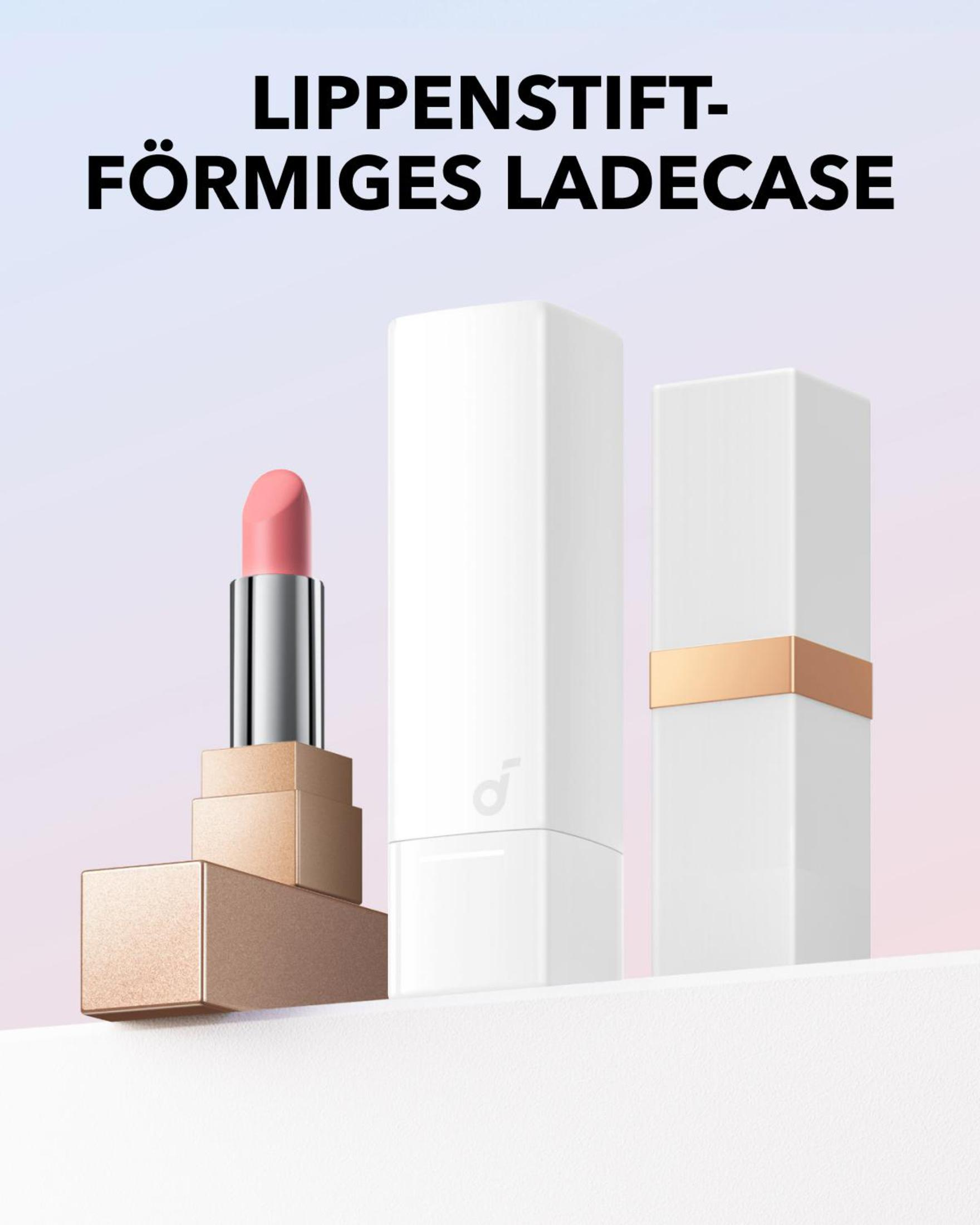 Lippenstift und zwei weiße Ladehüllen. Text: Lippenstiftförmiges Ladecase.