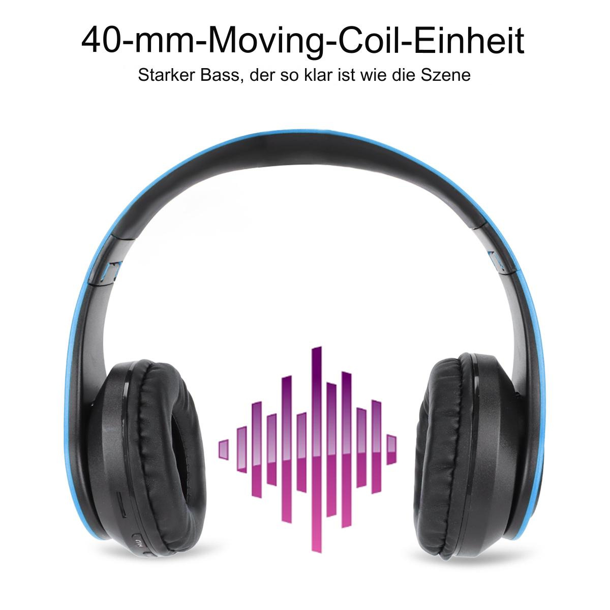 Blaue und schwarze Kopfhörer mit lila Schallwellen-Grafik. Text: 40-mm-Moving-Coil-Einheit.