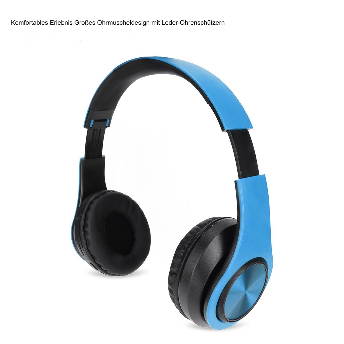 Blaue Kopfhörer mit schwarzen Ohrmuscheln. Der Kopfbügel und die Ohrmuscheln sind sichtbar.