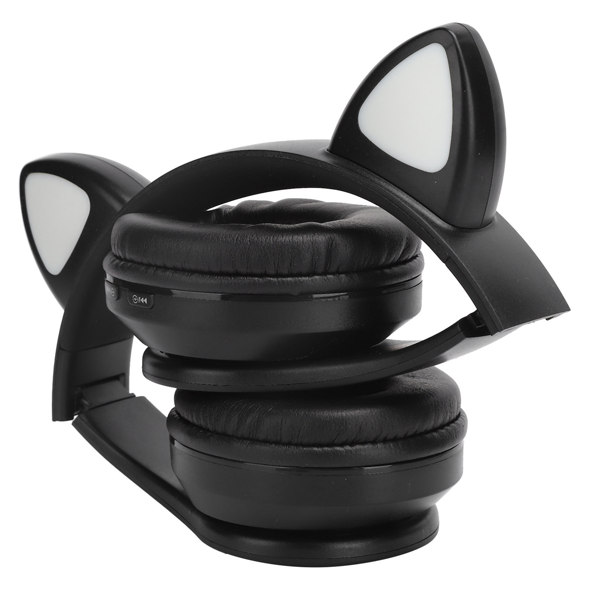 Schwarze Katzenohr-Kopfhörer, zusammengeklappt. Ohrmuscheln sind schwarz mit weißen Innenohren. Das Kopfband ist auch schwarz.