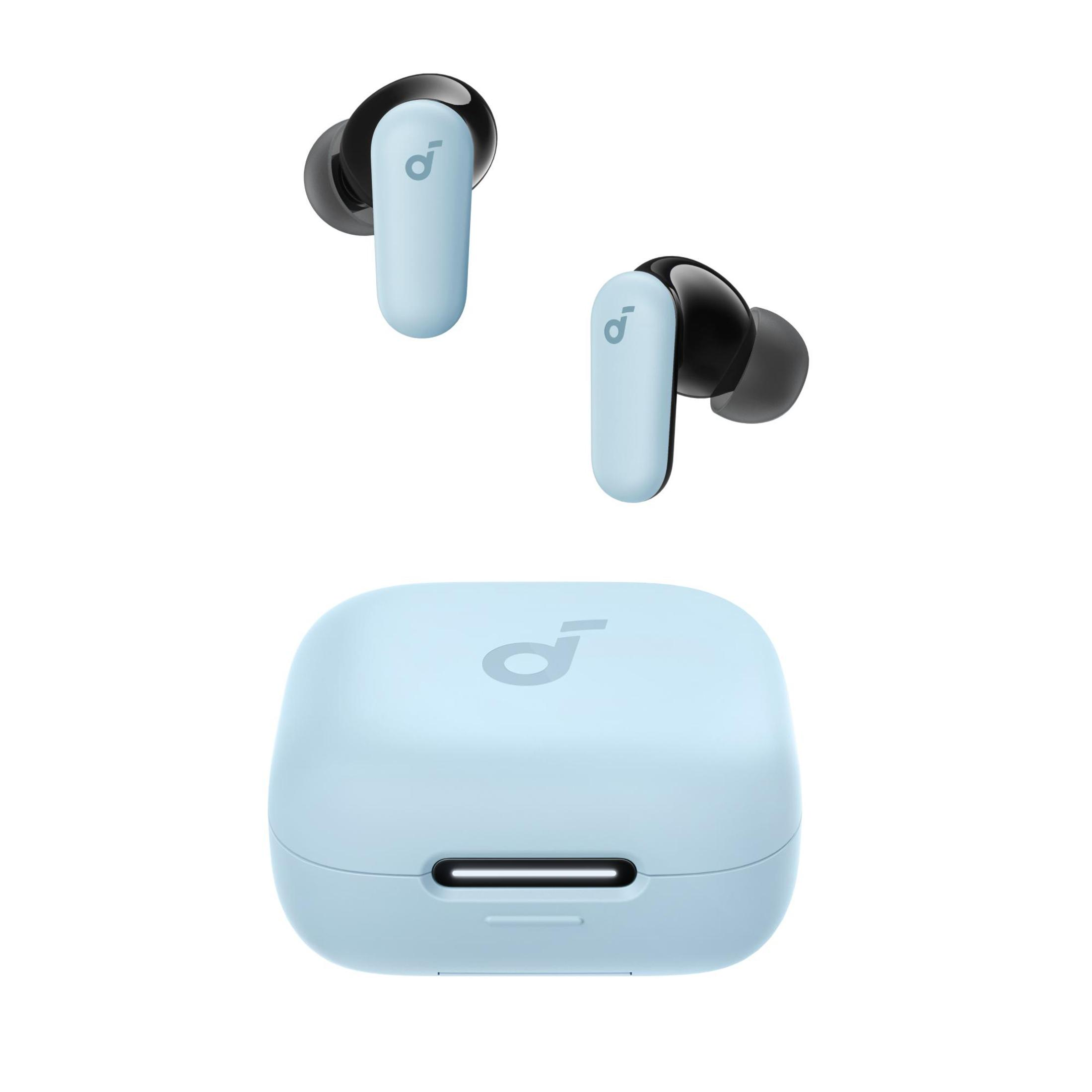 Auricolari azzurri e custodia di ricarica. Punte nere, custodia bianca con logo. Sfondo bianco.