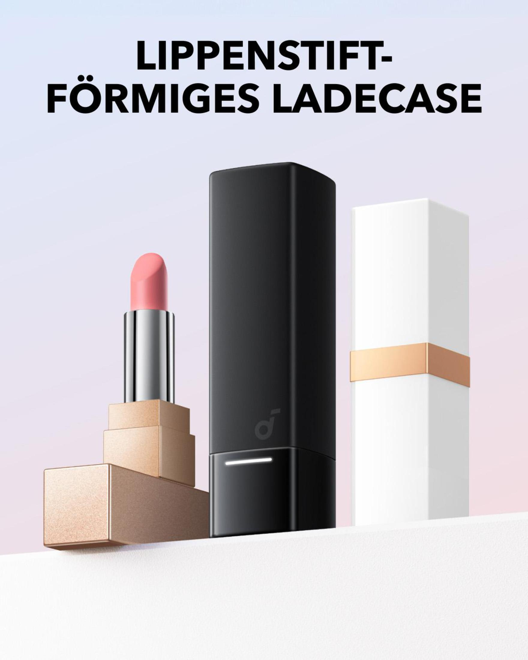 Lippenstift, schwarzes Ladegerät und weißes Ladegerät in einer Reihe. Rosa Lippenstift. Heller Hintergrund.