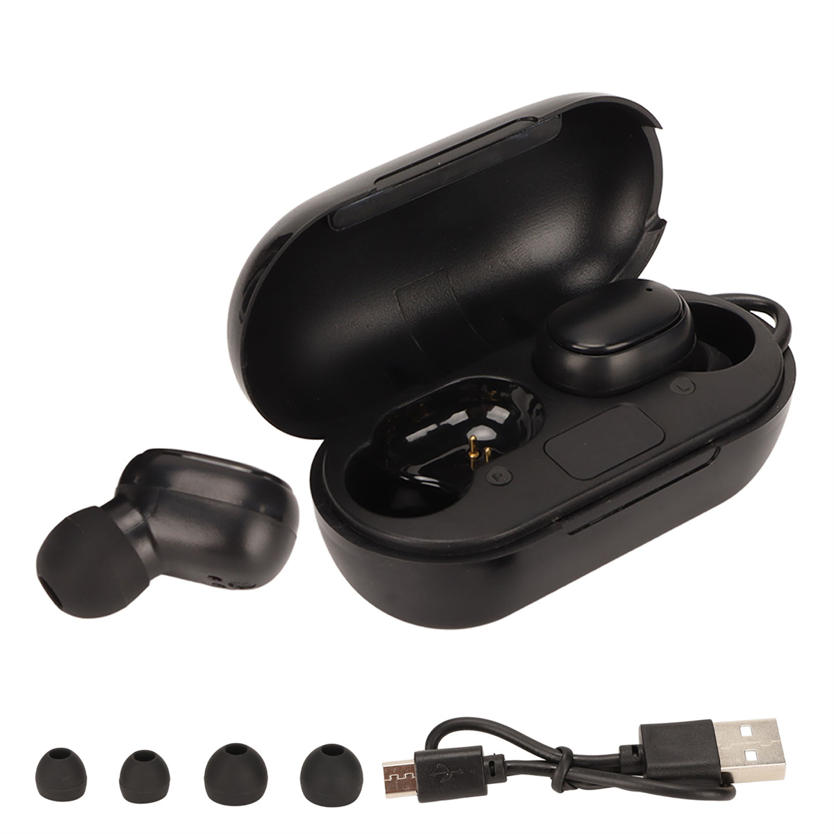 Schwarze Ohrhörer in Ladecase, mit Ersatz-Ohrstöpseln und USB-Kabel.