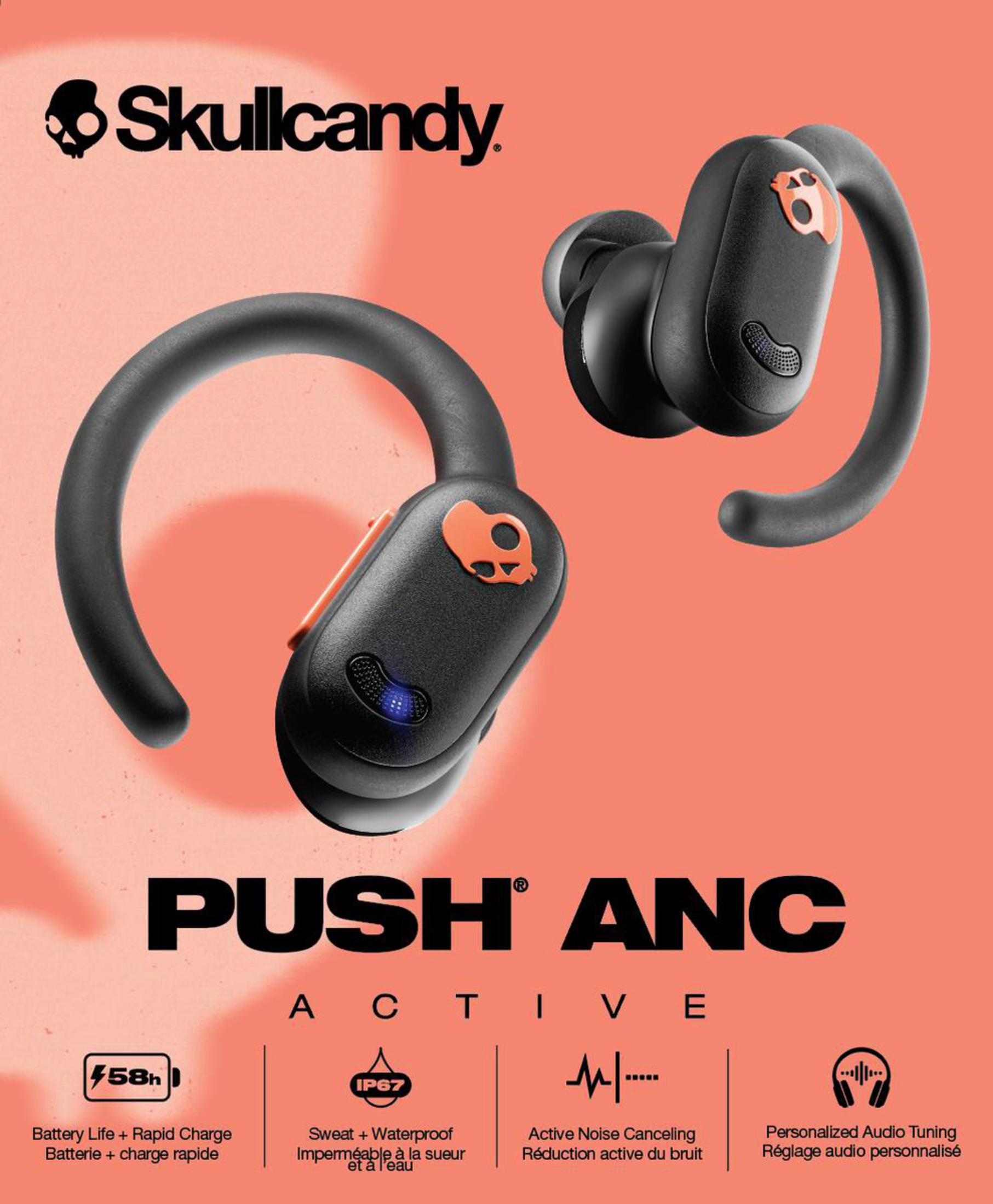 Schwarze Skullcandy Push ANC-Ohrhörer mit orangefarbenen Akzenten. Das Bild enthält Text und Grafiken.