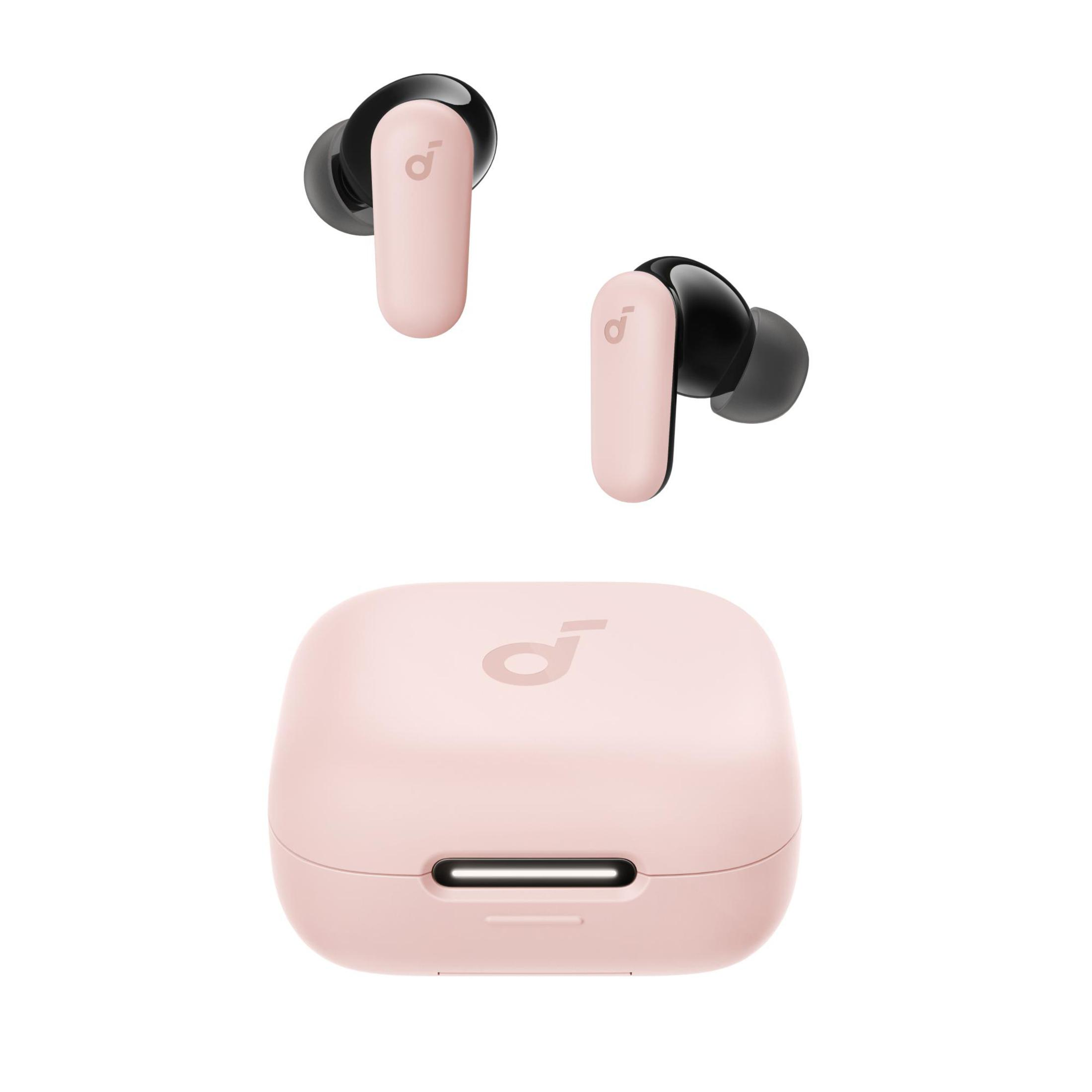 Auricolari e custodia di ricarica rosa. Due auricolari e la custodia sono visibili. Isolato su bianco.
