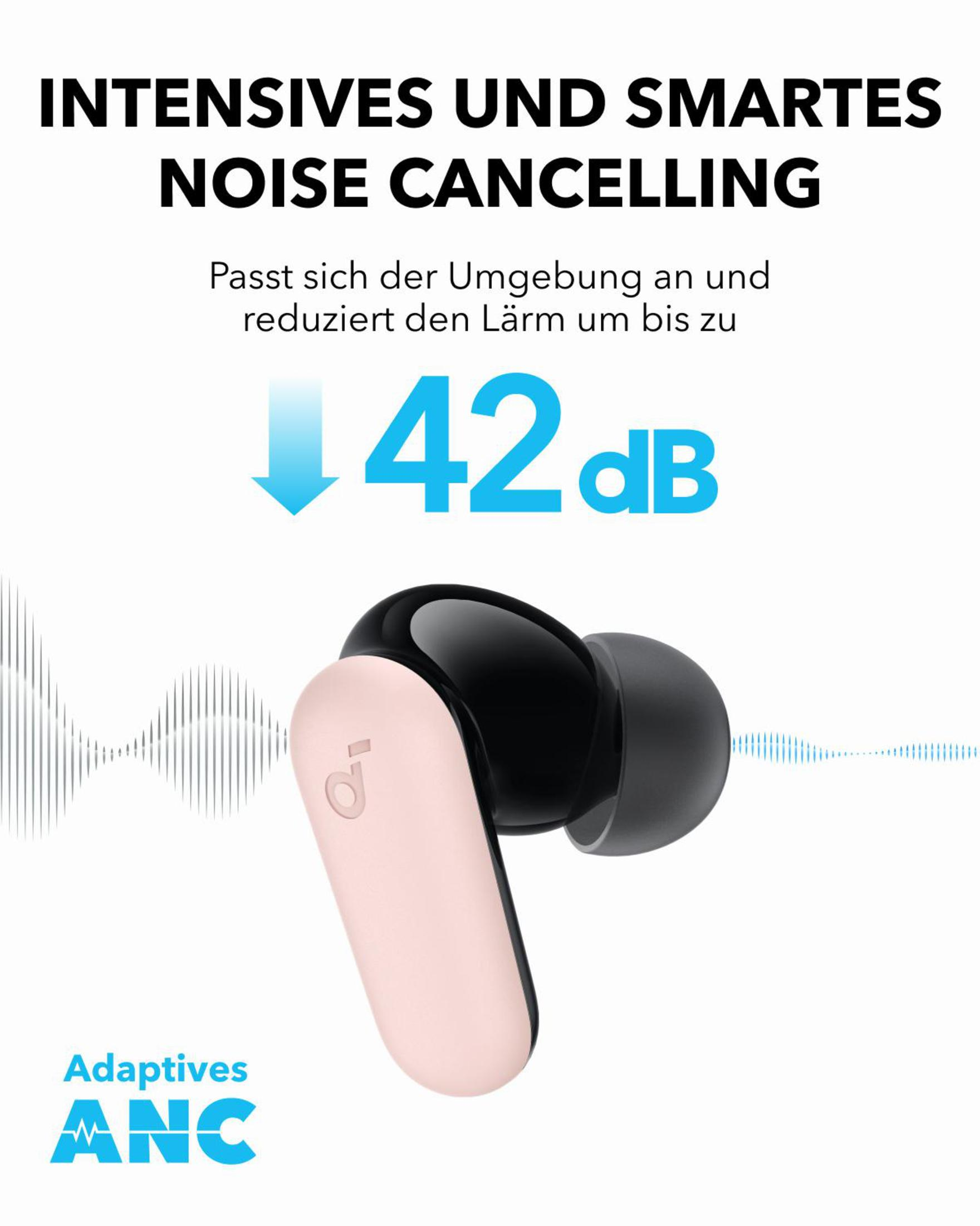Primo piano degli auricolari, design rosa e nero. Testo sulla cancellazione del rumore. Sfondo bianco.