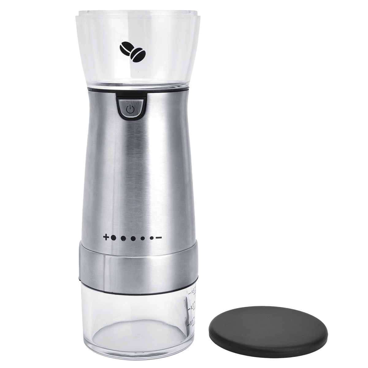 Eine silberne elektrische Kaffeemühle mit transparentem Behälter und schwarzem Deckel, auf weißem Grund.