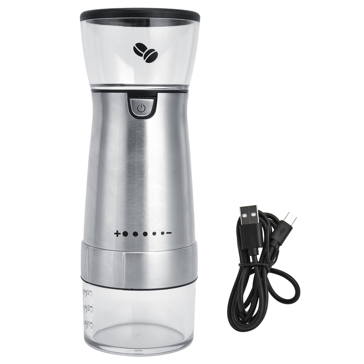 Silberne Kaffeemühle mit transparentem Behälter und USB-Kabel.