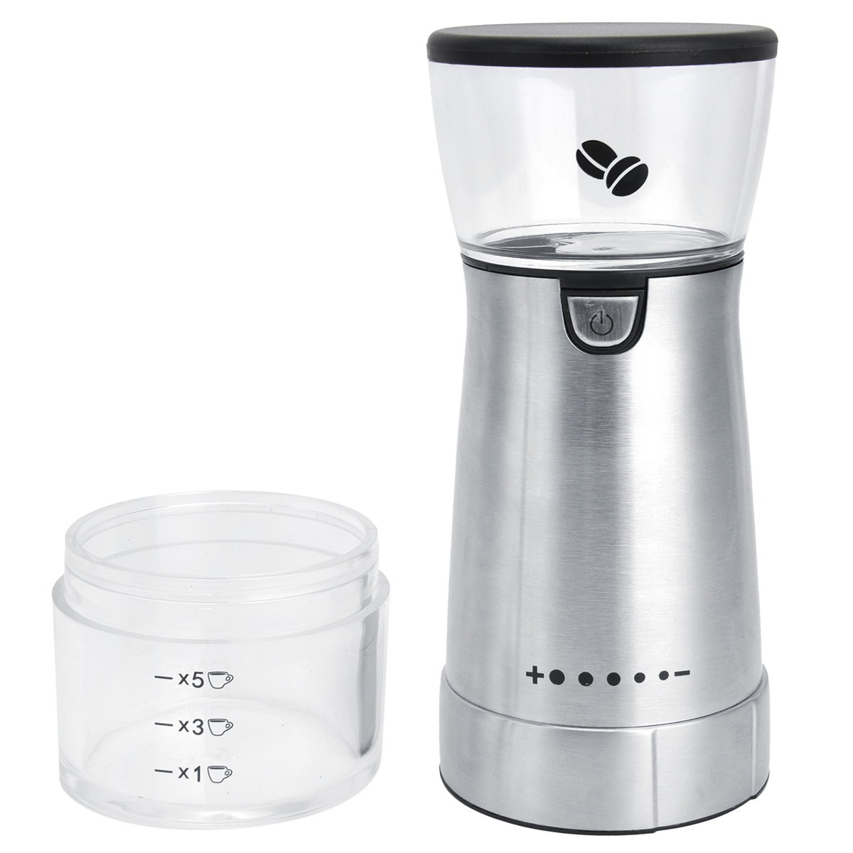 Silberne Kaffeemühle mit durchsichtigem Behälter und schwarzem Deckel.